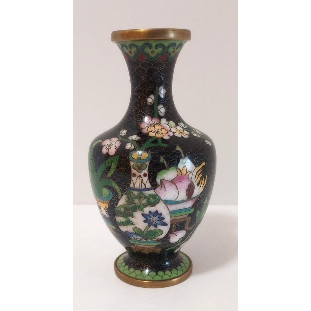 Vintage Asian Chinese Black White Green Enamel & Brass Cloisonne Flower Vase